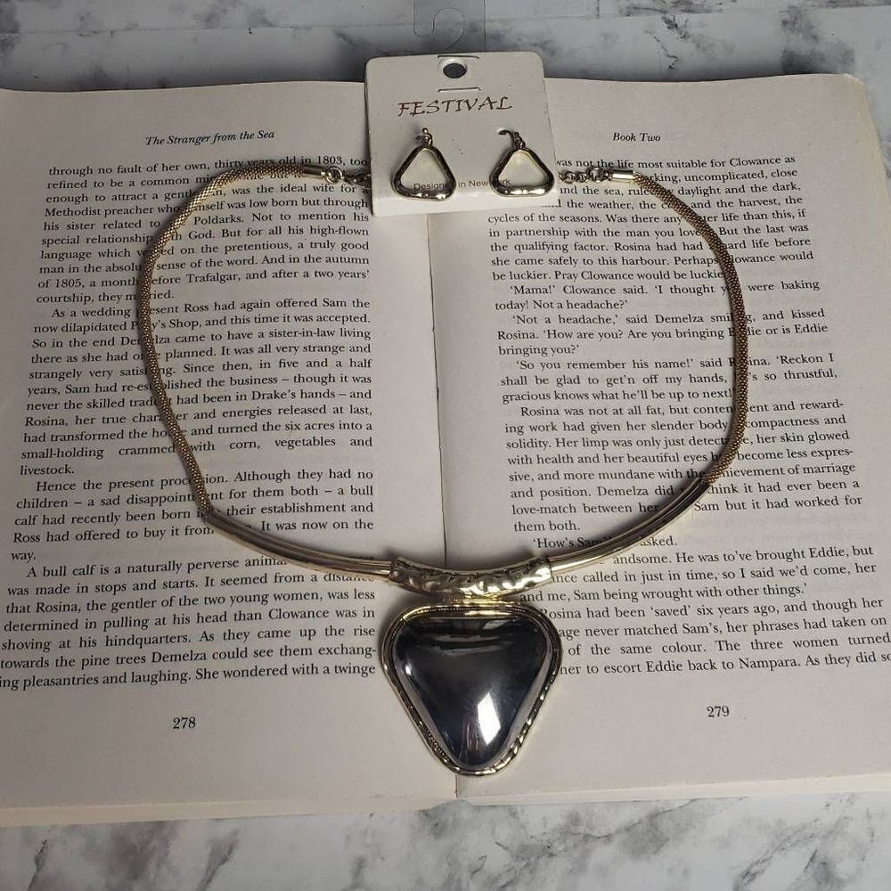 Golden and Silver Pendent Necklace and Earrings Set